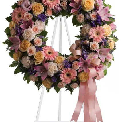 Coroana rotunda – Trandafiri, Minirosa, Gerbera, Lisianthum, Crin, Garoafe, Verdeata