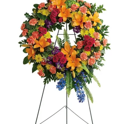 Coroana rotunda – Crizanteme, Mathiola, Crini, Garoafe, Dephinium, Hortensie, Verdeata