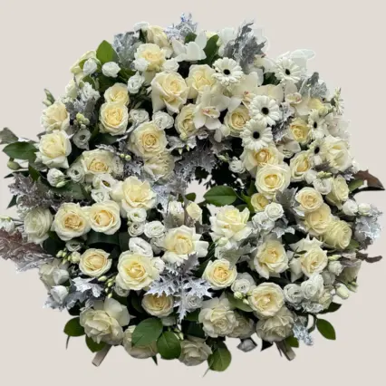 Coroană Funerară Rotundă "Eternitate Albă" – Trandafiri, Orhidee & Gerbera