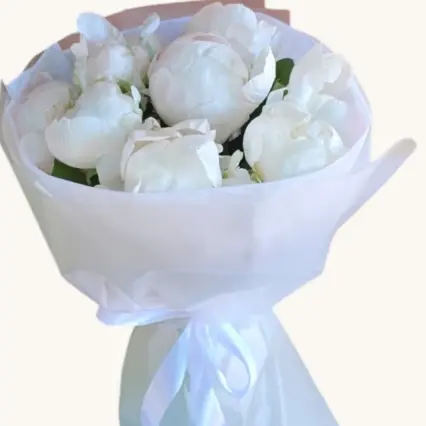Buchet 9 bujori albi, puritate și eleganță
