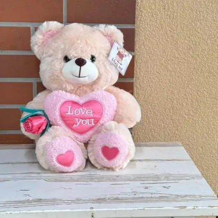 Ursulet de pluș Love You roz cu trandafir