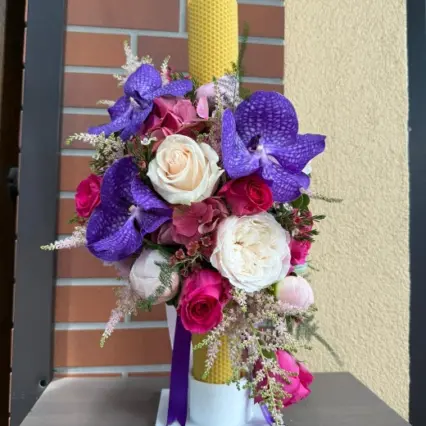 Lumanare botez/nunta elegantă cu orhidee și trandafiri