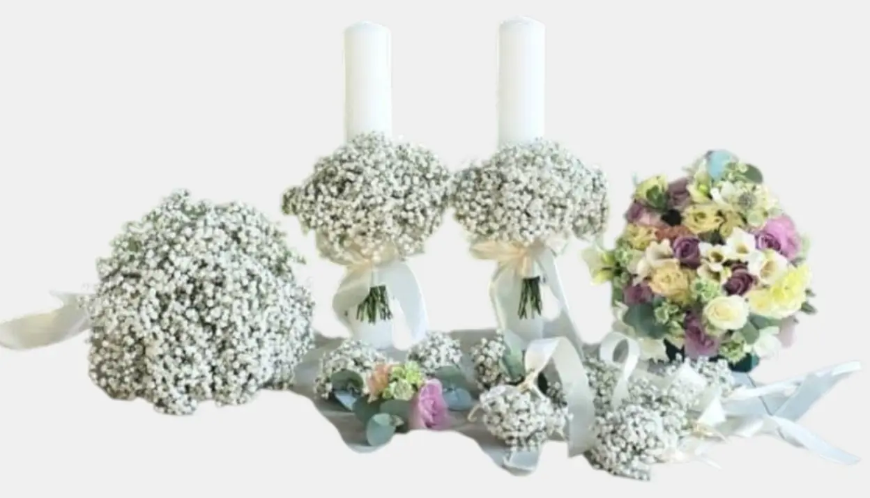 Set cununie complet cu lumanări și buchete elegante