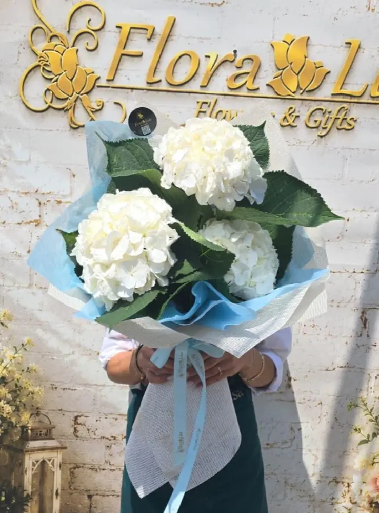 Buchet delicat cu 3 hortensii albe