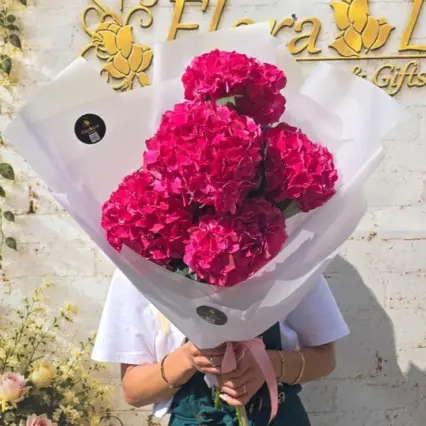 Buchet vibrant cu 5 hortensii fucsia