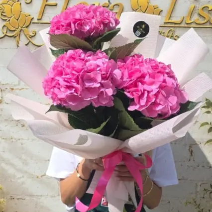Buchet elegant cu 3 hortensii roz luxuriante